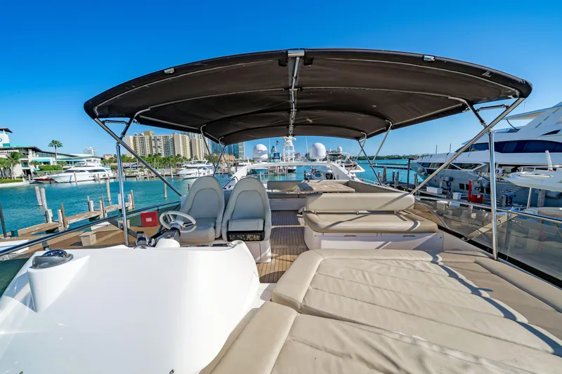 Twins Yacht Photos Pics Luxurious 2009 Sunseeker Manhattan 70 yacht with spacious deck and seating, docked in a marina.