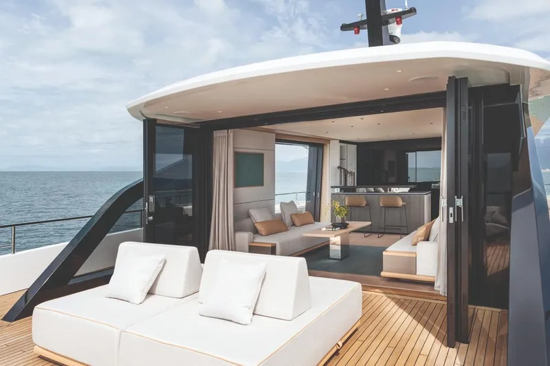  Yacht Photos Pics Luxurious Azimut GRANDE 30M yacht interior, featuring elegant seating and ocean views, 2026 model.