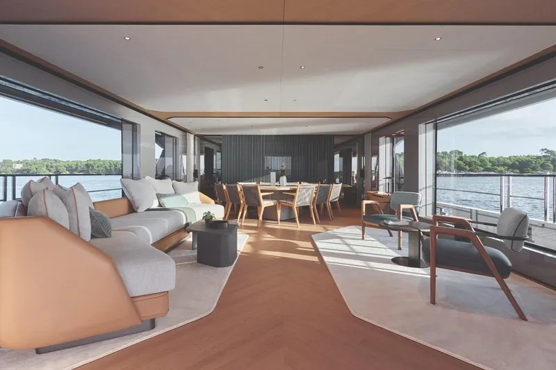  Yacht Photos Pics Luxurious interior of 2026 Azimut GRANDE 30M yacht with elegant seating and panoramic windows.
