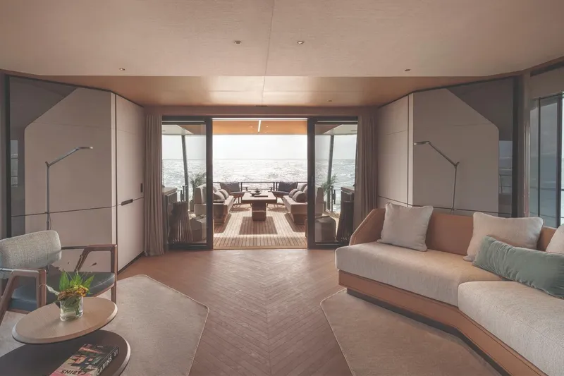  Yacht Photos Pics Luxurious interior of 2026 Azimut GRANDE 30M yacht with ocean view and elegant seating area.