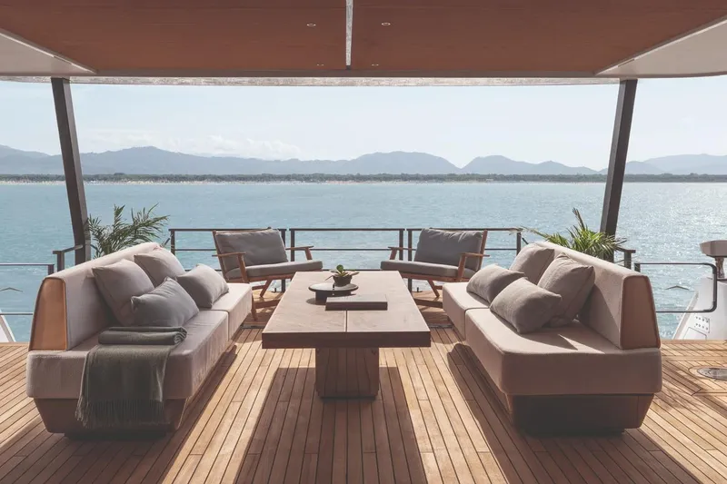  Yacht Photos Pics Luxurious Azimut GRANDE 30M yacht deck with elegant seating, ocean view, and wooden flooring, 2026 model.