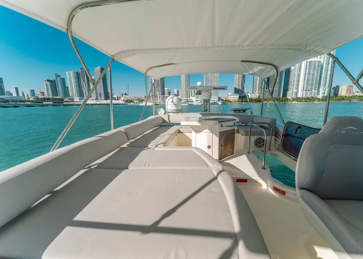 Prime Time Yacht Photos Pics Azimut 48 Flybridge 2012 yacht with city skyline, spacious deck, and sunny weather.