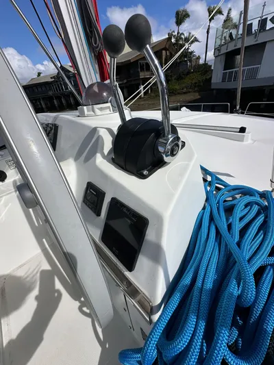 After You Yacht Photos Pics Control panel of a 2023 Bali 4.2 yacht with blue ropes.