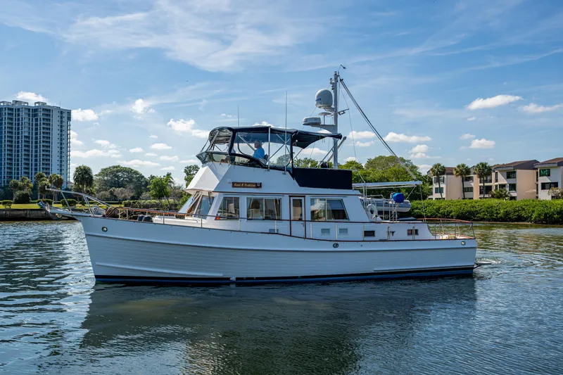  Yacht Photos Pics 2002 Grand Banks 42 Classic yacht on calm water, with clear blue sky background.