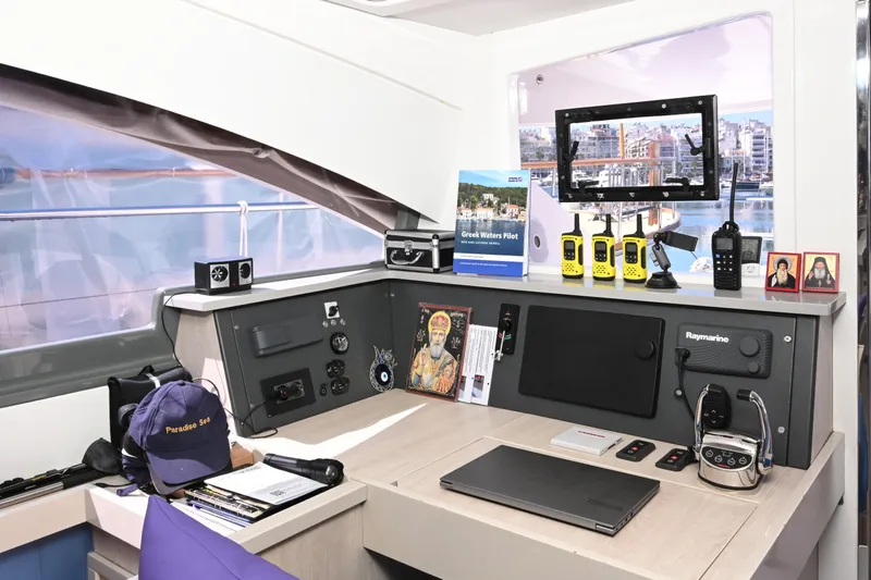  Yacht Photos Pics 2017 Leopard 51 Powercat helm with navigation equipment and communication devices.