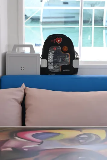  Yacht Photos Pics Interior of 2017 Leopard 51 Powercat with AED device and colorful decor.