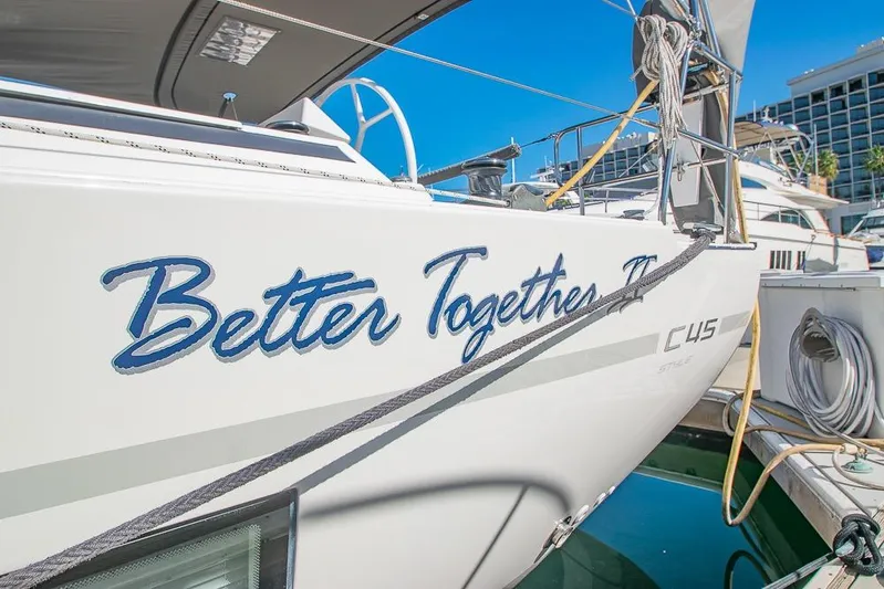  Yacht Photos Pics Bavaria C45 yacht named "Better Together" docked in marina, 2021 model.
