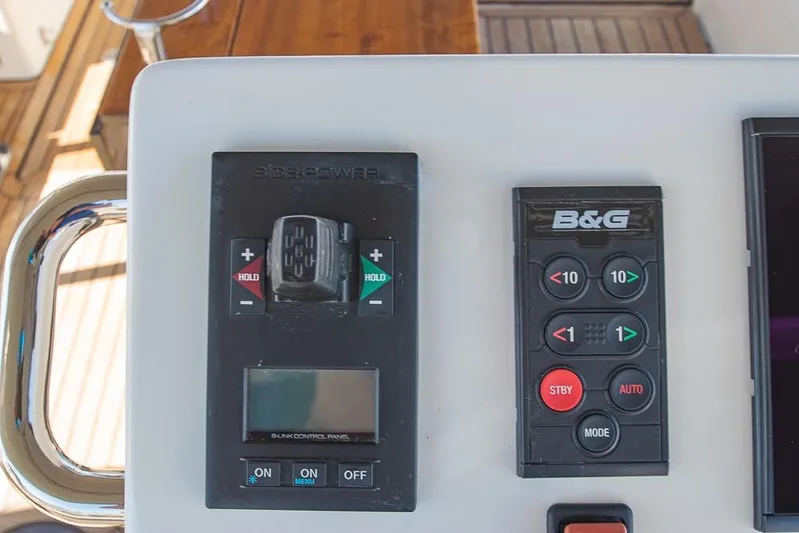  Yacht Photos Pics Control panel of a 2021 Bavaria C45 yacht featuring Side-Power and B&G systems.
