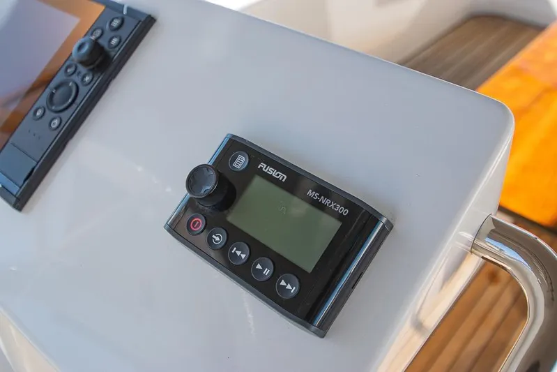  Yacht Photos Pics Control panel on a 2021 Bavaria C45 yacht, featuring Fusion MS-NRX300.