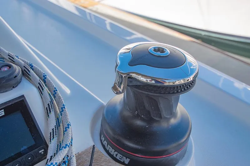  Yacht Photos Pics Winch on Bavaria C45 sailboat, 2021 model, with rope and control panel visible.