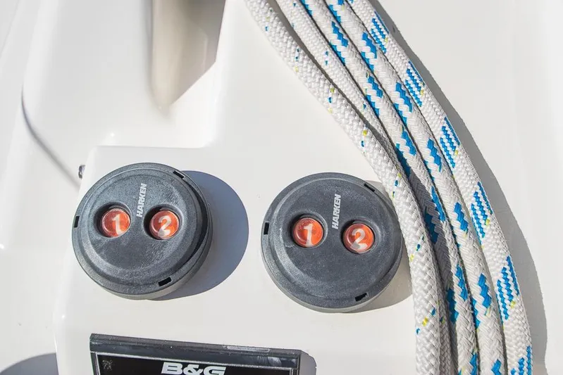  Yacht Photos Pics Close-up of Bavaria C45 2021 yacht deck with Harken controls and ropes.