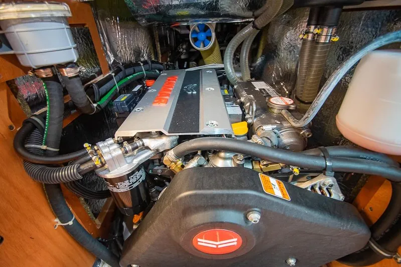  Yacht Photos Pics Engine compartment of a 2021 Bavaria C45 yacht, showcasing detailed mechanical components.