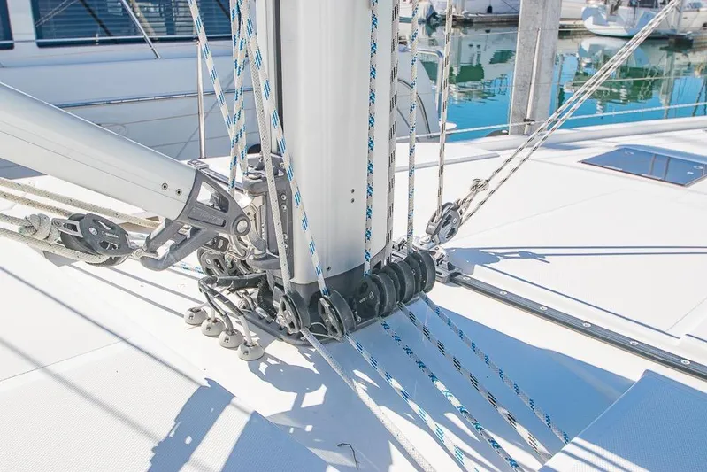  Yacht Photos Pics Close-up of Bavaria C45 2021 sailboat rigging and deck details.
