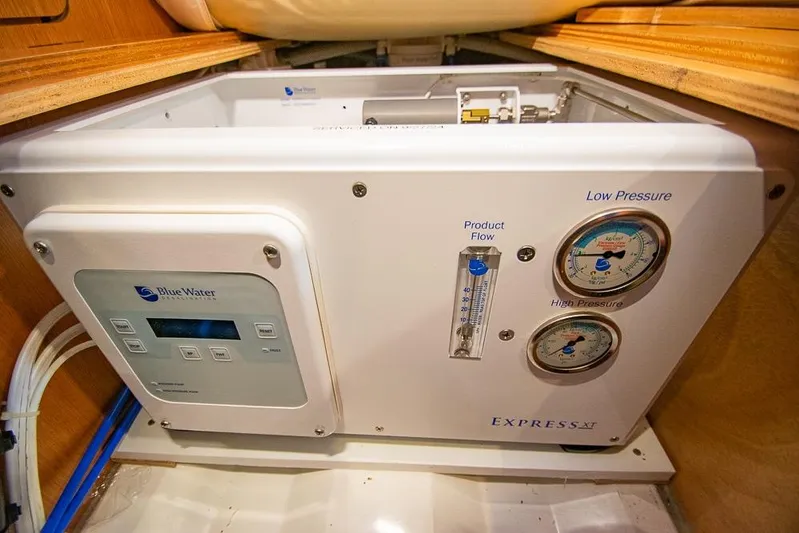 Yacht Photos Pics BlueWater desalination system in 2021 Bavaria C45 yacht, featuring pressure gauges and control panel.
