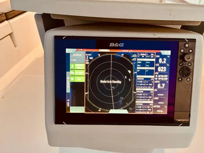  Yacht Photos Pics B&G navigation display on 2017 Beneteau Oceanis 45 sailboat, showing radar and autopilot settings.