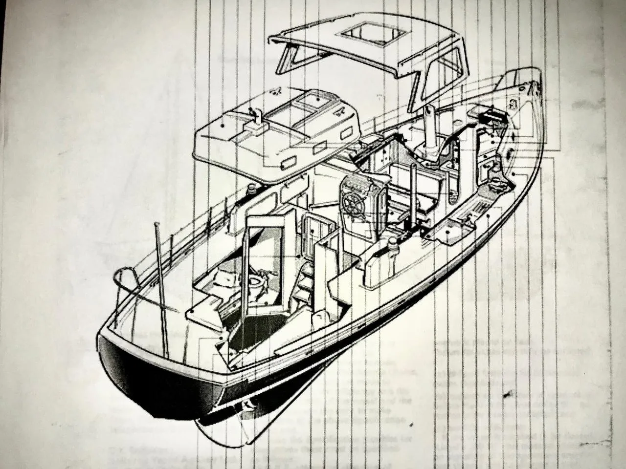 Line drawing of a 1975 Salar 40 boat, showcasing interior layout and design features.