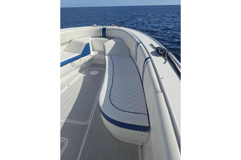 N/a Yacht Photos Pics 2014 Midnight Express 37 EXK boat interior with white and blue seating, ocean view.