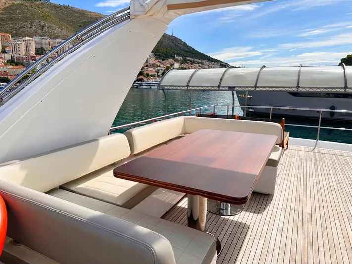Tamara II Yacht Photos Pics Luxurious seating area on 2018 Azimut 66 FLY yacht with scenic waterfront view.