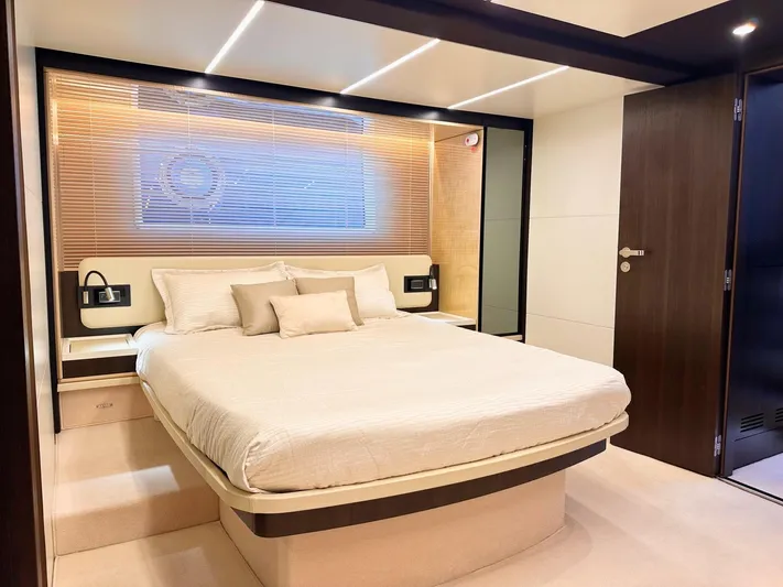 Tamara II Yacht Photos Pics Luxurious bedroom interior of 2018 Azimut 66 FLY yacht with modern design.