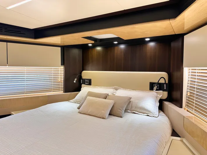 Tamara II Yacht Photos Pics Luxurious bedroom interior of 2018 Azimut 66 FLY yacht with modern design.