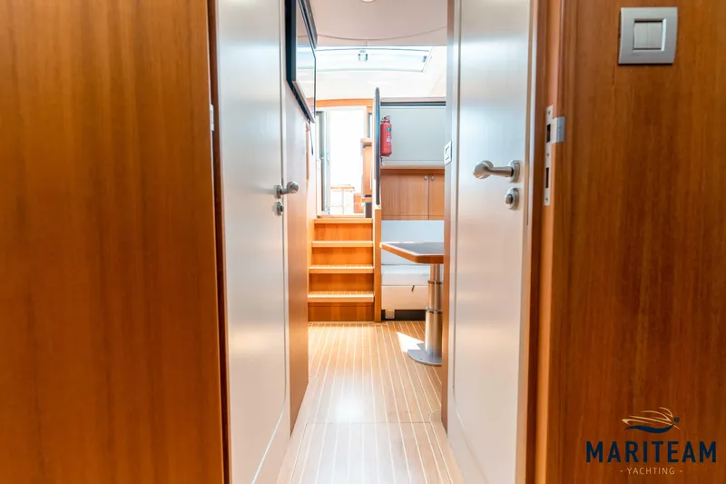 Onderonsie Yacht Photos Pics Interior view of 2017 Breedendam MTB fourzero Wheelhouse, featuring wooden finishes and stairs.