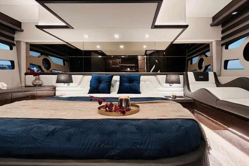  Yacht Photos Pics Luxurious interior of 2025 Cobrey 52 FLY yacht with elegant bedroom design.