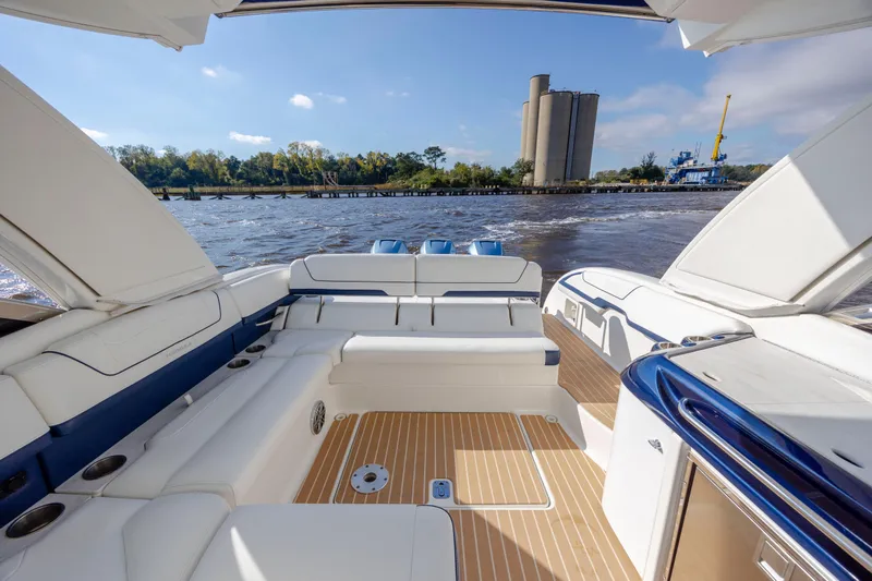  Yacht Photos Pics 2018 Formula 350 Crossover Bowrider OB interior with scenic river view.