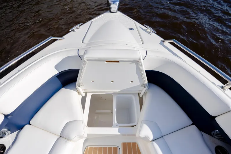  Yacht Photos Pics 2018 Formula 350 Crossover Bowrider OB, spacious bow seating, white and blue upholstery.