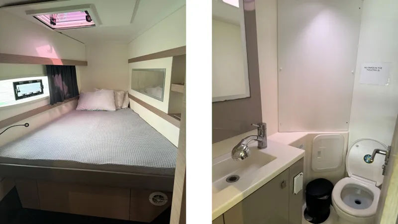  Yacht Photos Pics 2019 Fountaine Pajot Lucia 40 interior with cozy bedroom and modern bathroom.