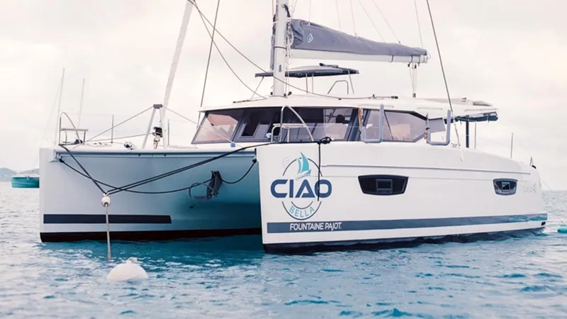  Yacht Photos Pics 2019 Fountaine Pajot Lucia 40 catamaran on calm blue water.