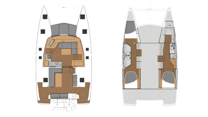  Yacht Photos Pics Floor plan of 2019 Fountaine Pajot Lucia 40 catamaran, showcasing interior layout and design.