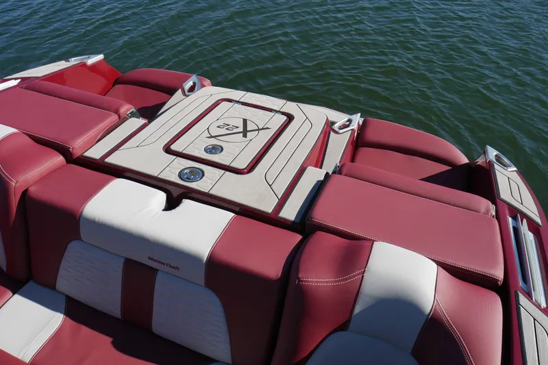  Yacht Photos Pics 2022 MasterCraft X22 boat with red and white seating on water.