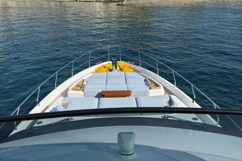  Yacht Photos Pics Azimut Fly 68 yacht deck, 2022 model, with sun loungers and ocean view.
