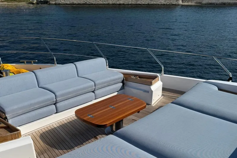  Yacht Photos Pics Luxurious seating area on 2022 Azimut Fly 68 yacht, overlooking serene water.