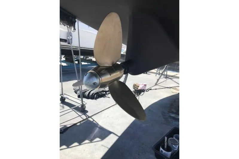 Nina Mia Yacht Photos Pics Catalina 385 sailboat propeller, 2018 model, in a boatyard setting.