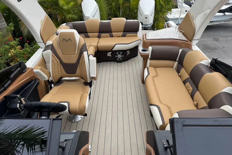 Yacht Photos Pics Luxurious interior of 2026 Avalon Excalibur 27' boat with plush seating and modern design.