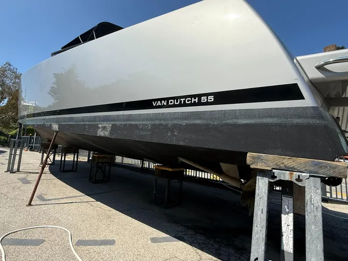  Yacht Photos Pics 2019 VanDutch 55 yacht on dry dock, showcasing sleek design and modern craftsmanship.