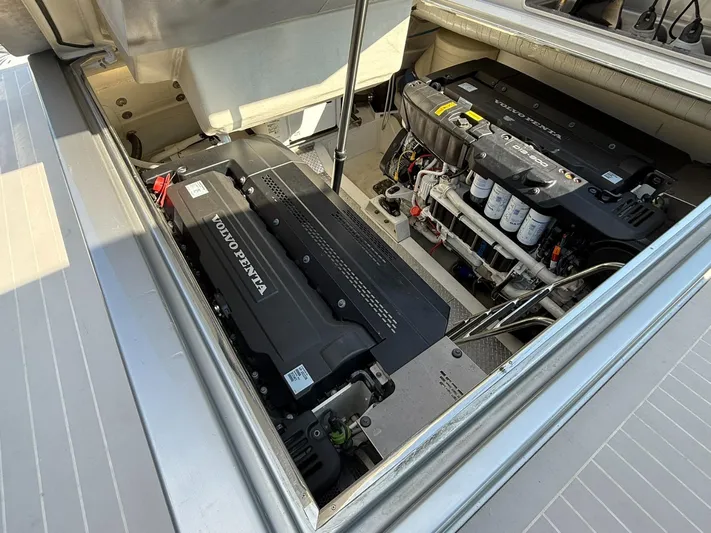  Yacht Photos Pics Engine compartment of a 2019 VanDutch 55 yacht featuring Volvo Penta engines.