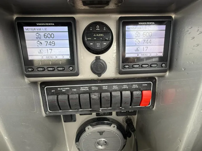  Yacht Photos Pics Control panel of a 2019 VanDutch 55 yacht with Volvo Penta displays and switches.