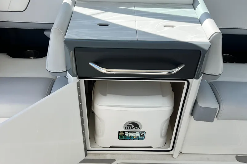  Yacht Photos Pics 2023 Formula 330 CBR boat interior with built-in cooler storage.
