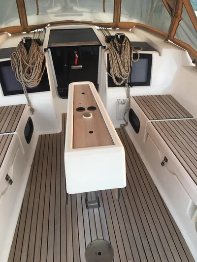  Yacht Photos Pics 2015 Dufour 382 Grand Large yacht cockpit with teak flooring and seating.