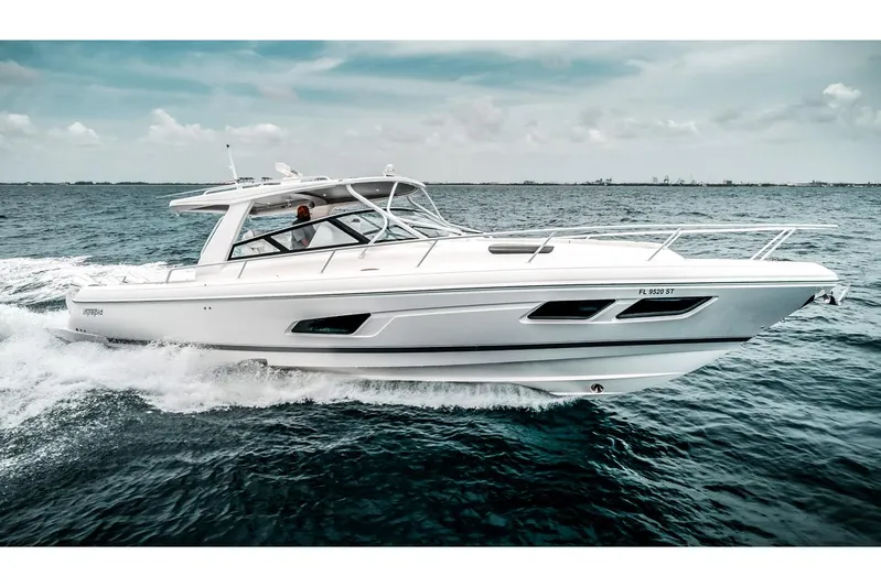  Yacht Photos Pics Manufacturer Provided Image: 2023 Intrepid 438 Evolution cruising on open water.