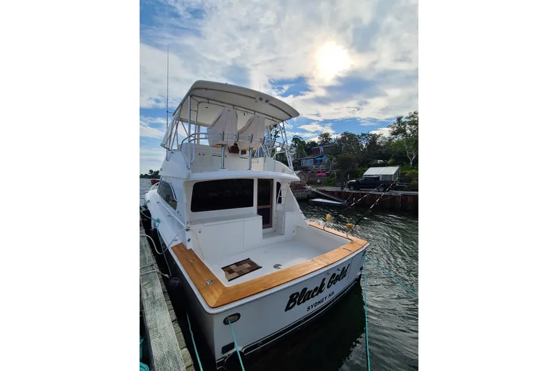Black Gold Yacht Photos Pics 2006 Egg Harbor 50 Sport Yacht docked under a partly cloudy sky.