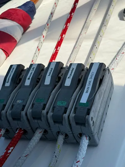  Yacht Photos Pics Close-up of Catalina 470 sailboat rope clutches, 2005 model, with labeled lines.