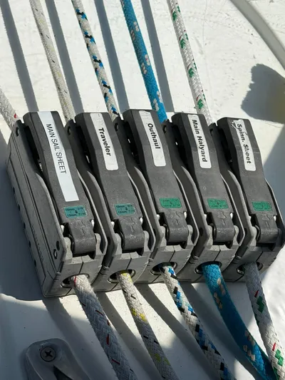  Yacht Photos Pics Sailing rope clutches on a 2005 Catalina 470 yacht deck.