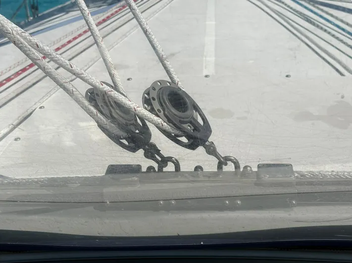  Yacht Photos Pics Sailing ropes and pulleys on a 2005 Catalina 470 yacht deck.