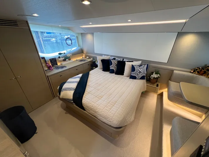 Balance Yacht Photos Pics Luxurious 2018 Princess F55 yacht bedroom with modern decor and elegant furnishings.