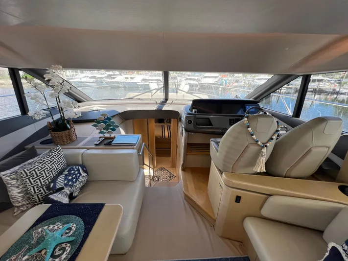 Balance Yacht Photos Pics Luxurious interior of 2018 Princess F55 yacht with elegant seating and decor.