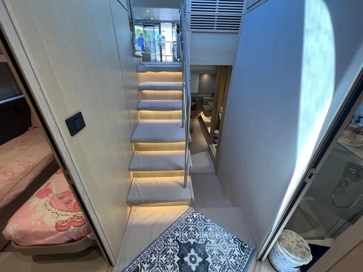 Balance Yacht Photos Pics Interior of 2018 Princess F55 yacht with modern staircase and cozy cabin spaces.