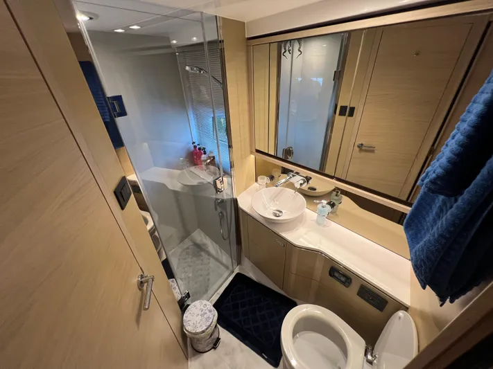 Balance Yacht Photos Pics Luxurious bathroom in 2018 Princess F55 yacht with modern fixtures and elegant design.